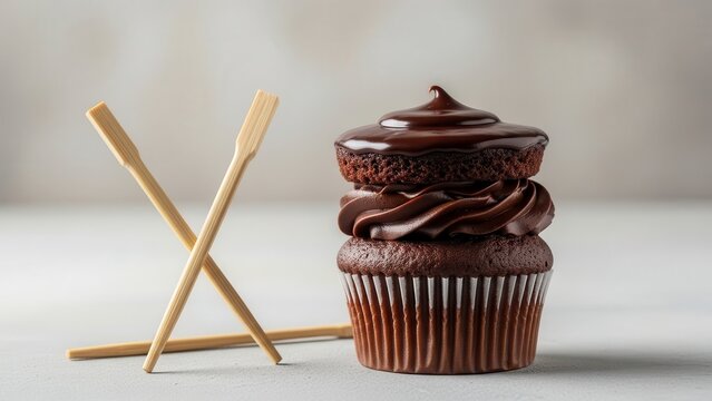 A chocolate cupcake with chocolate frosting and wooden skewers on a gray surface