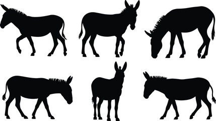 Fototapeta na wymiar Six Black Silhouette Donkey Poses on White Background illustration untitled