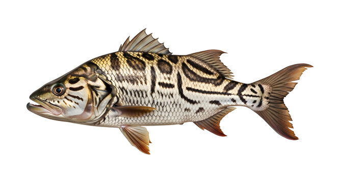 Close up of a large peacock bass with distinctive stripes and fins swimming alone