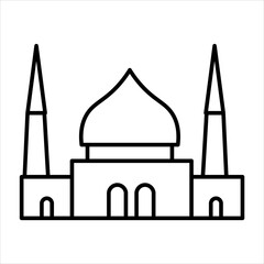 Obraz premium Simple line art drawing of a mosque with a central dome and two minarets, representing Islamic architecture and worship.