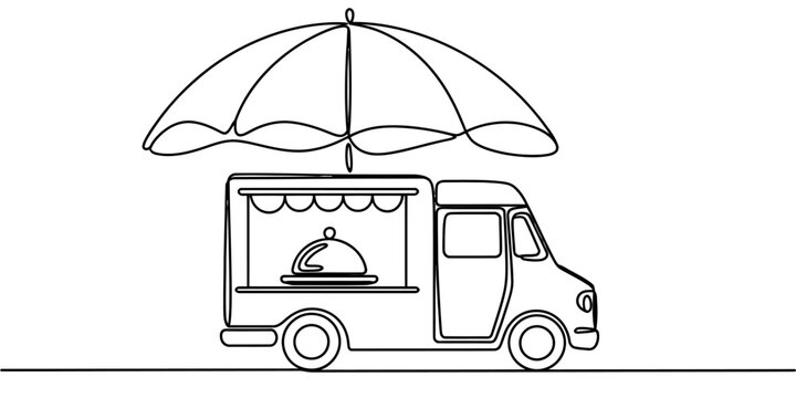 One line food truck street vendor with umbrella continuous drawing