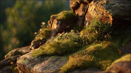 Obraz premium Close up of moss covered rocks with soft sunlight creating a natural scene