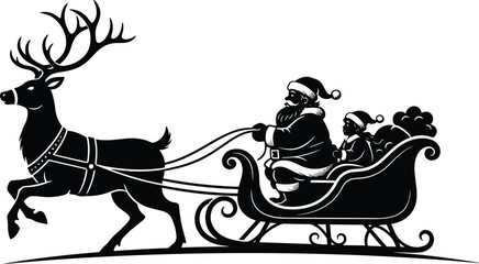 Santa Claus riding sleigh with reindeer silhouette vector illustration Christmas holiday night flight festive winter decoration design isolated classic icon © MdTajemul