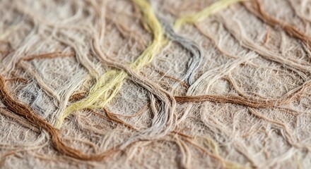 Macro texture of fibrous organic handmade paper with natural thread patterns for creative artistic design