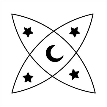 Black and white line art illustration featuring a celestial symbol with a crescent moon at the center surrounded by four stars within overlapping curved shapes.
