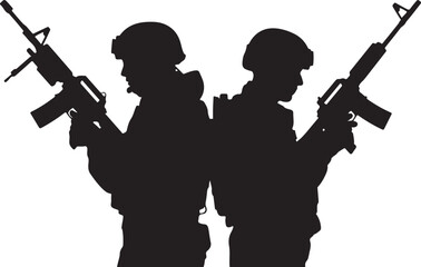 Black silhouette of two soldiers with rifles silhouettes