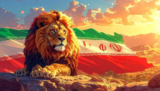 Majestic lion with iranian flag illustration against sunset sky