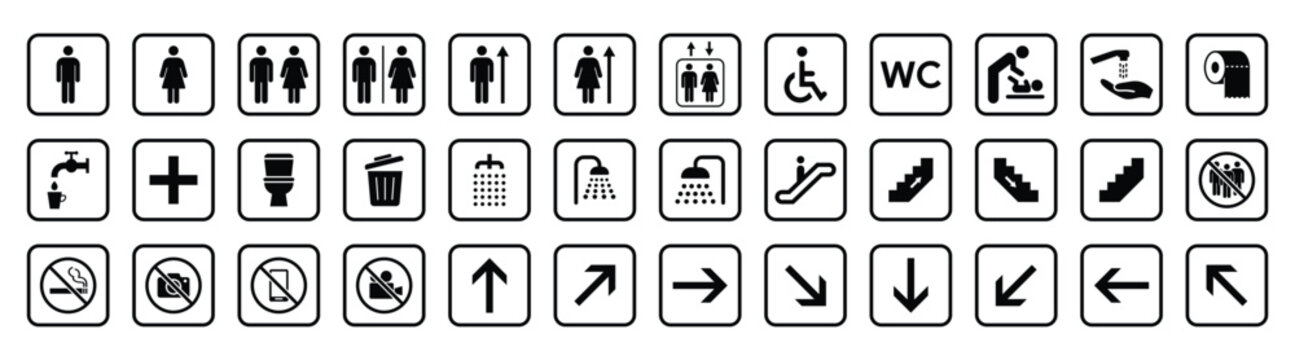 Vector illustration of public facility icons including restrooms accessibility baby changing and hygiene symbols
