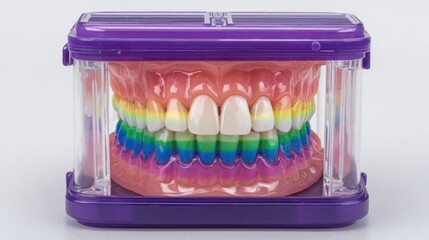 Dental model with rainbow gums inside transparent case on white