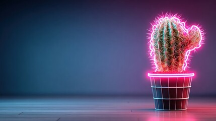 Neon cactus plant in a pot with glowing outlines on dark background