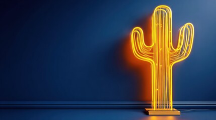 Neon cactus sign against dark blue wall with copy space