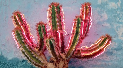 Neon cactus art against textured wall decorative illustration