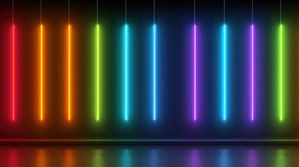 Colorful neon lights display on dark background with reflection