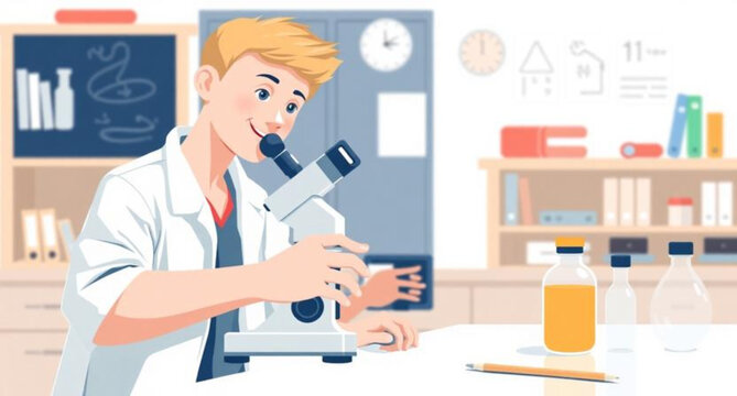 A professional woman scientist in a medical lab conducts healthcare research using a syringe and microscope while working on a chemistry experiment