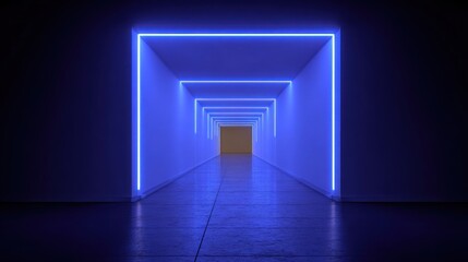 Geometric hallway with neon lights forming a square tunnel perspective