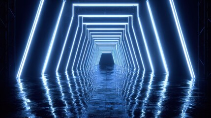 Abstract futuristic tunnel illuminated with bright neon blue lights and reflections