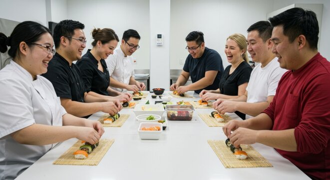 Group of happy asian men and women making sushi in a kitchen. Culinary class for cooking japanese food concept.