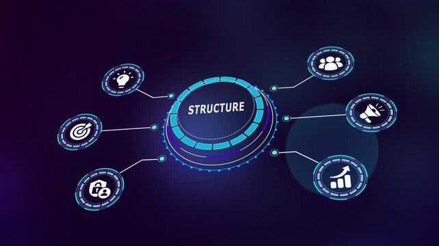 Modern digital business structure concept with connected interface elements representing organizational system design, workflow alignment, analytics integration and corporate strategy.