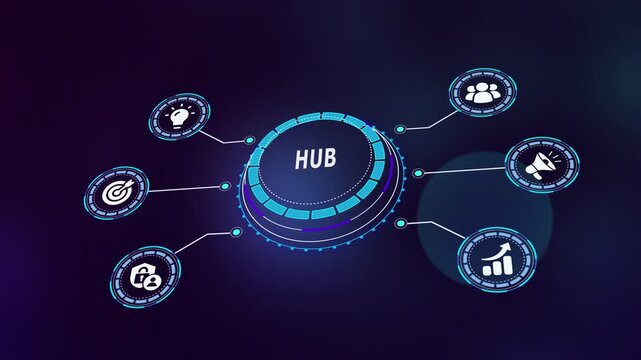 Futuristic digital business hub interface with connected analytics icons illustrating centralized management, workflow automation, team collaboration and strategic growth network.
