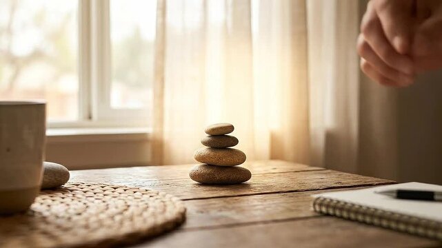 Balance stone stack meditation mental health therapy calm zen wellness peaceful morning light stone stack for mental health therapy practice with mindfulness balance relaxation and calm zen wellness