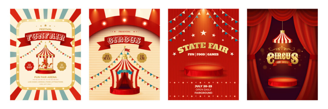 Colorful vintage poster set. Circus, state fair, fun fair. Design for events, festival, carnival, party, performance and more. Retro vector illustration
