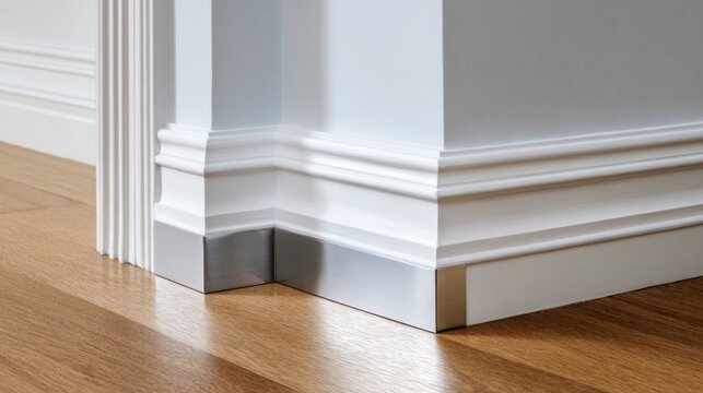 Detailed view of elegant white ornate baseboards with silver trim and polished hardwood flooring in a modern room corner.