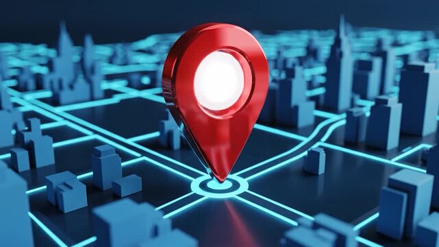 A glowing red location marker is centered on a futuristic digital map