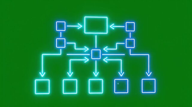 Abstract flowchart with glowing neon lines and various symbols creating complex diagram