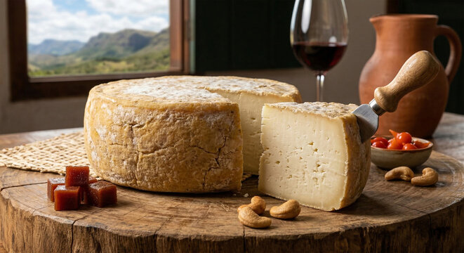 Artisanal Canastra cheese from Minas Gerais, Brazil over wooden table