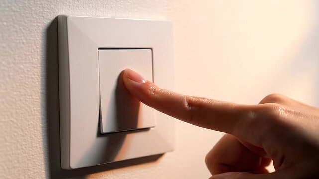 A finger pressing a modern white light switch on a clean wall.