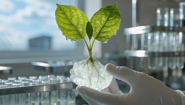 Scientist in lab glove holding green plant sprout with crystall