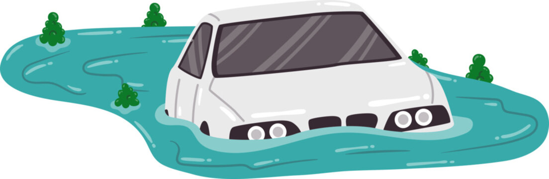 Flood Disaster Submerging Car After Heavy Rainfall