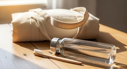 Fototapeta premium reusable bag, bamboo toothbrush, glass bottle on wooden table, eco friendly lifestyle concept