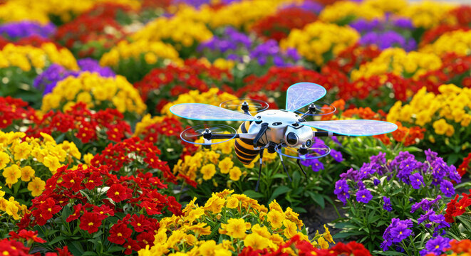 Robotic bee drone flying over a field of colorful flowers, representing future technology in agriculture and pollination. Artificial intelligent insect for smart farming.