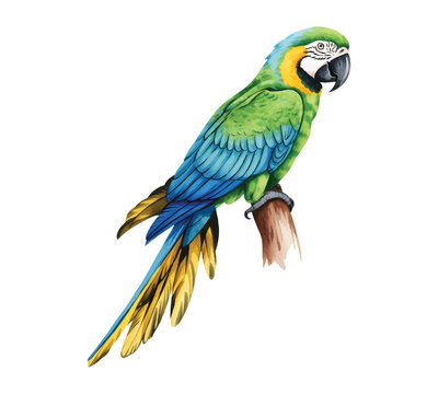 Exotic tropical macaw with vibrant plumage in soft natural watercolor tones.