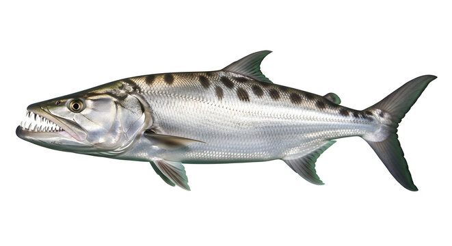 Large silver fish with sharp teeth and dark spots on its back swimming left