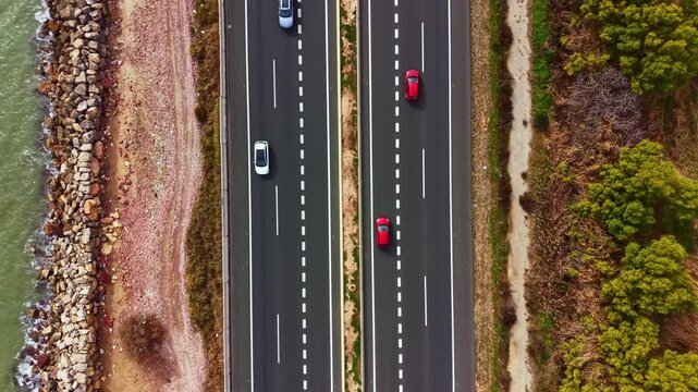Two cars travel on a highway that runs parallel to a beach, separating the road from the shoreline. Trees line one side while rocks border the water side. This is a clear, sunny day.