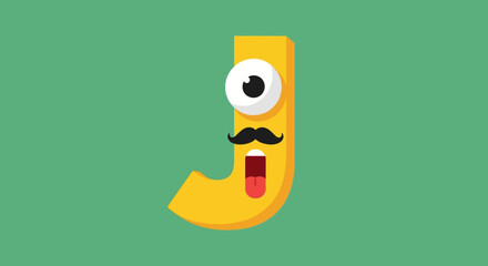 Funny Yellow Letter J Character with Mustache and Eye