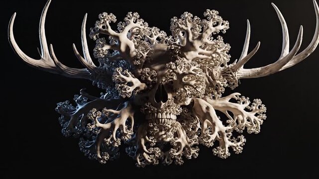 A stylized skull adorned with organic growth and antlers
