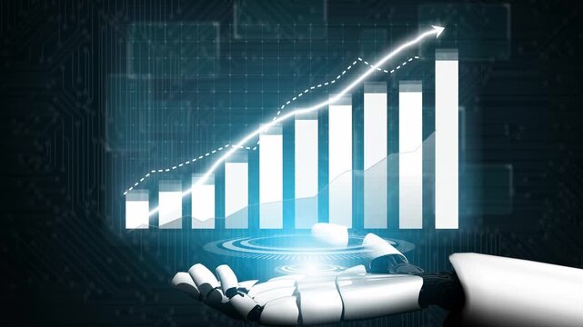 A futuristic robotic hand displays a digital growth graph with ascending bars, symbolizing progress, innovation, and the power of technology in data analysis and visualization. Copula