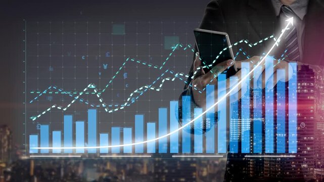 A business professional checks data trends on a smartphone against a backdrop of a vibrant city at night, highlighting success in modern financial analytics. Copula