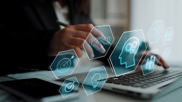 Head with gear and icons representing learning, digital training, and development process, showing skill growth for human or AI systems through knowledge or task optimization Marrow