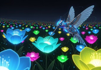 Fototapeta premium Robotic hummingbird pollinating glowing neon flower in dark magical garden. Futuristic mechanical bird with cybernetic wings. Artificial intelligence in nature concept. Digital fantasy.