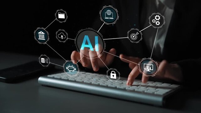 Conceptual representation of artificial intelligence technology with hands typing on a keyboard and graphic elements showcasing digital innovation and connectivity Gluon.