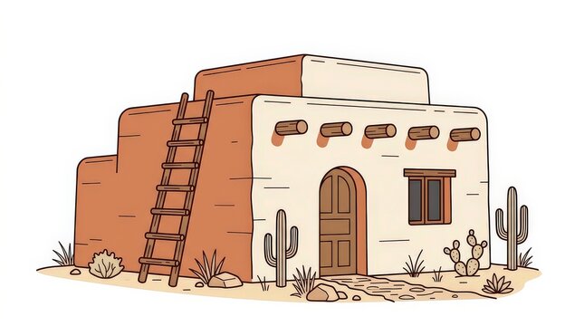 A classic adobe house, beautifully illustrated in a traditional Southwestern style, featuring a rustic wooden ladder and desert plants