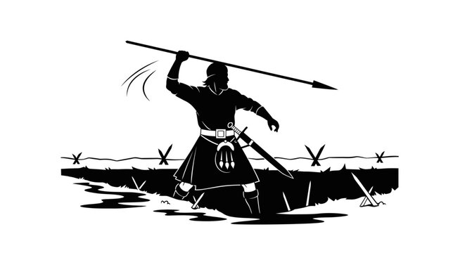 Scottish warrior silhouette throwing spear, kilt, sword, barbed wire, trench, battle scene