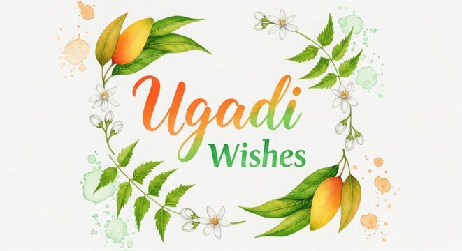 A vibrant ugadi wish illustration featuring mangoes leaves and delicate white flowers