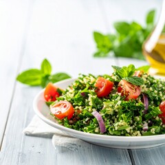 木製テーブルの白い皿に盛られたタブーリサラダのフレッシュな料理シーン。
パセリなどの緑のハーブが豊かな色彩を生み、自然光が爽やかな雰囲気を演出。
ミニマル構図と広いコピー空間で広告やメニュー制作に使いやすいレイアウト。