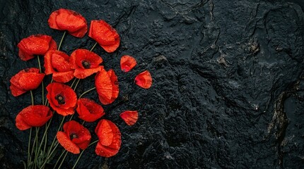 Anzac Day, Remembrance Day, Red Poppy, Lest We Forget, Memorial, Commemoration, War Veteran tribute with red poppies on a dark wet stone texture symbolizing honor and sacrifice.