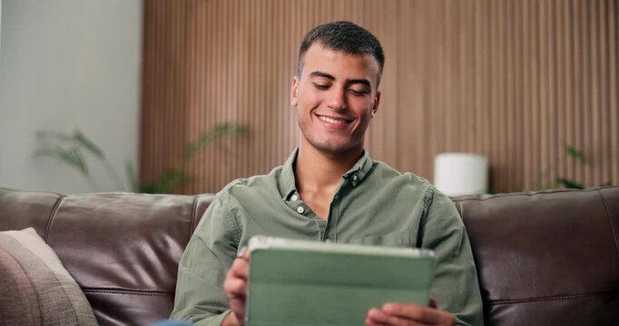 Smile, reading or man with tablet for remote work, social media engagement or online audience management. Tech, check reviews or marketing coordinator with internet trends research, freelance or home